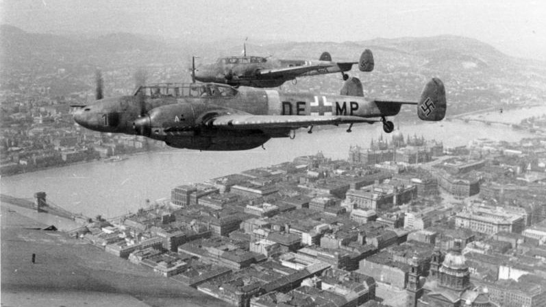 Two German planes in flight during World War Two.