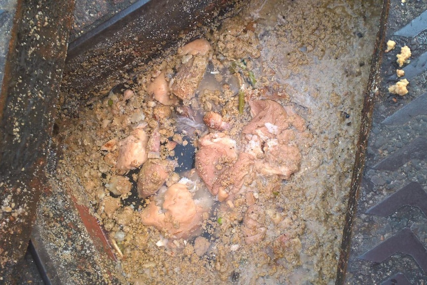 The mushed-up soggy Yorkshire puddings covering a drain in a road
