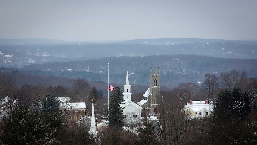 The town flag flies at half staff in Newtown, Connecticut December 14, 2013.