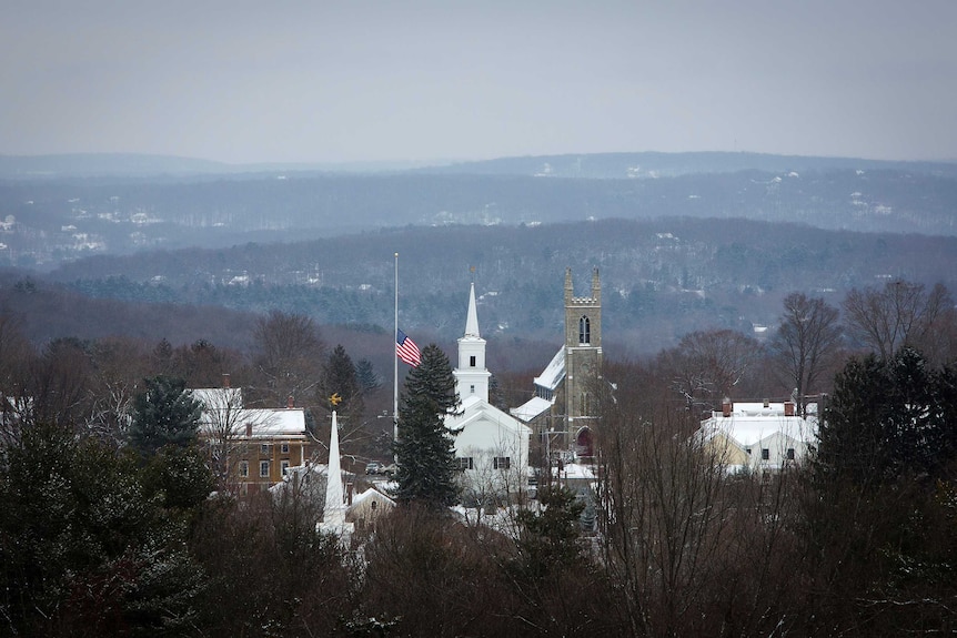 The town flag flies at half staff in Newtown, Connecticut December 14, 2013.