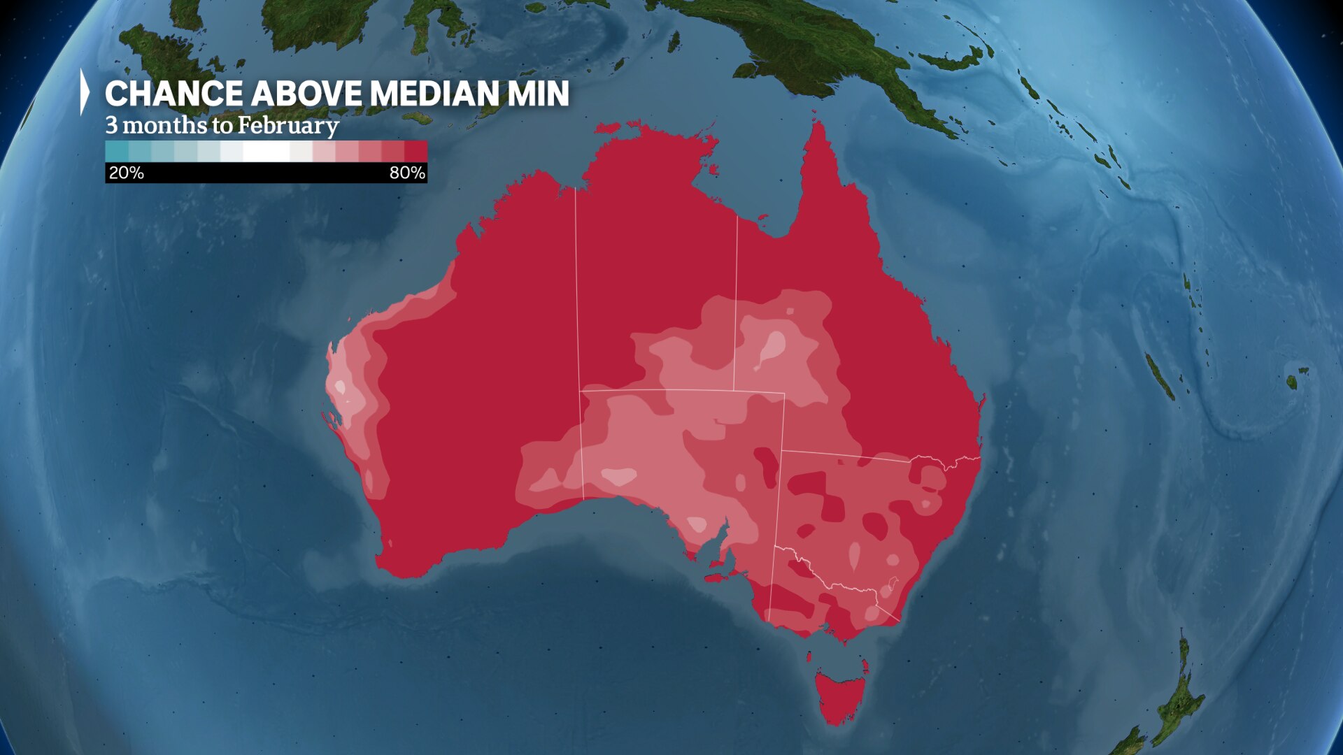Probabilidad de temperaturas bajas superiores a la media en todo el país durante los meses de verano.