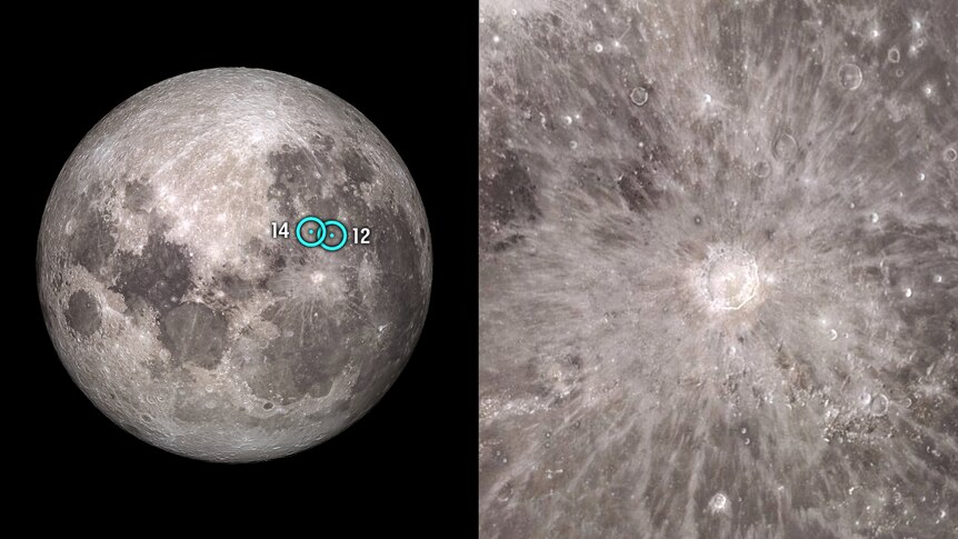 Wide shot of the moon with Apollo 12 and 14 landing sites marked next to a close up shot of Copernicus crater.