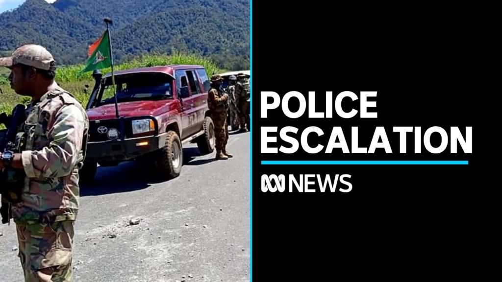 Police Escalation: Armed men stand next to a vehicle