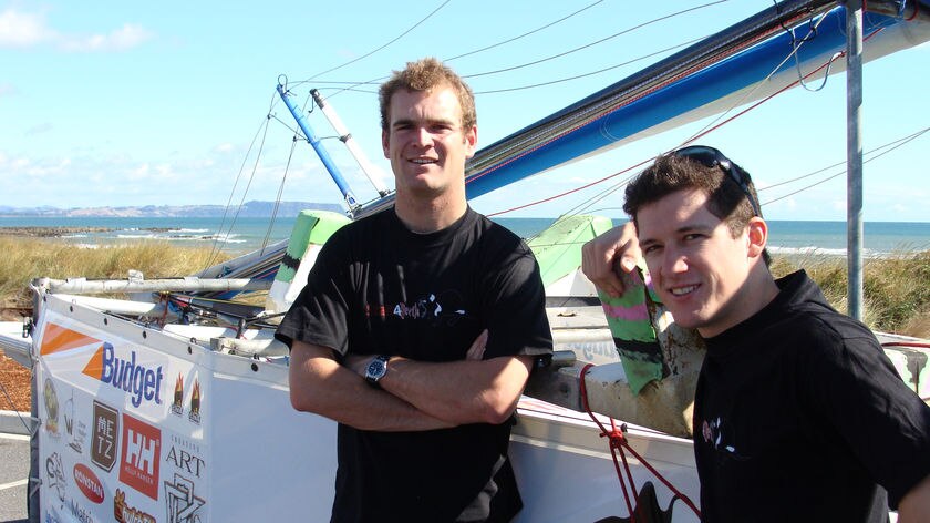 Tasmanians Adrian Beswick and Josh Phillips prepare to sail across Bass Strait