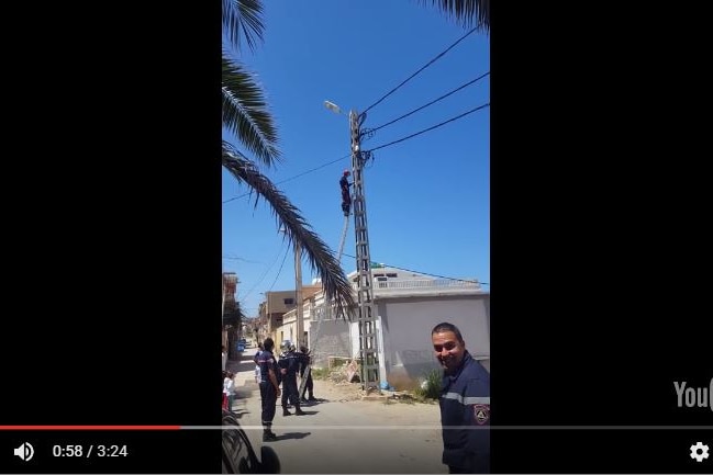 A member of the Algerian civil defence smiles as his colleague climbs to rescue a cat