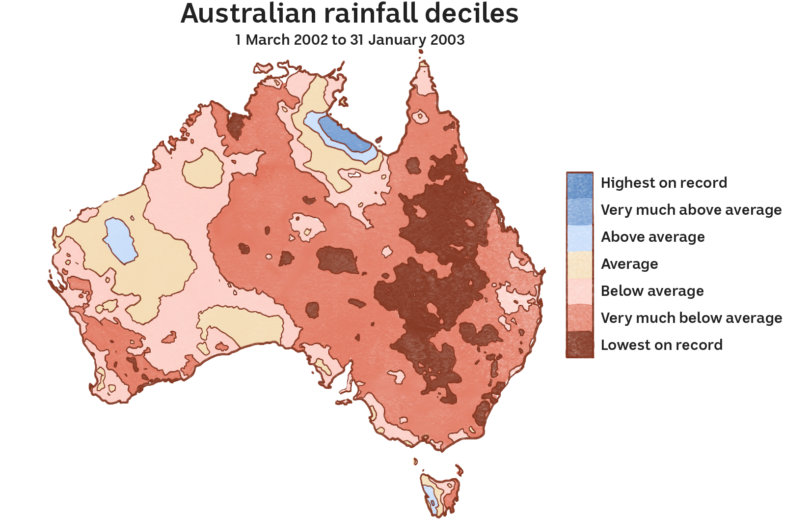 Map of Australia showing majority of country with below average rainfall to lowest on record rainfall.