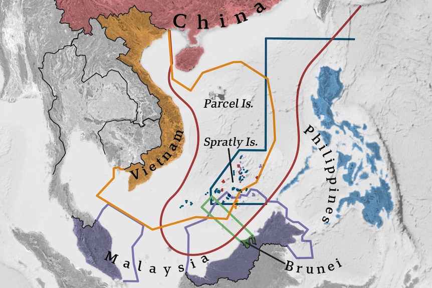 Mapa que muestra reclamaciones territoriales en competencia en el Mar de China Meridional.