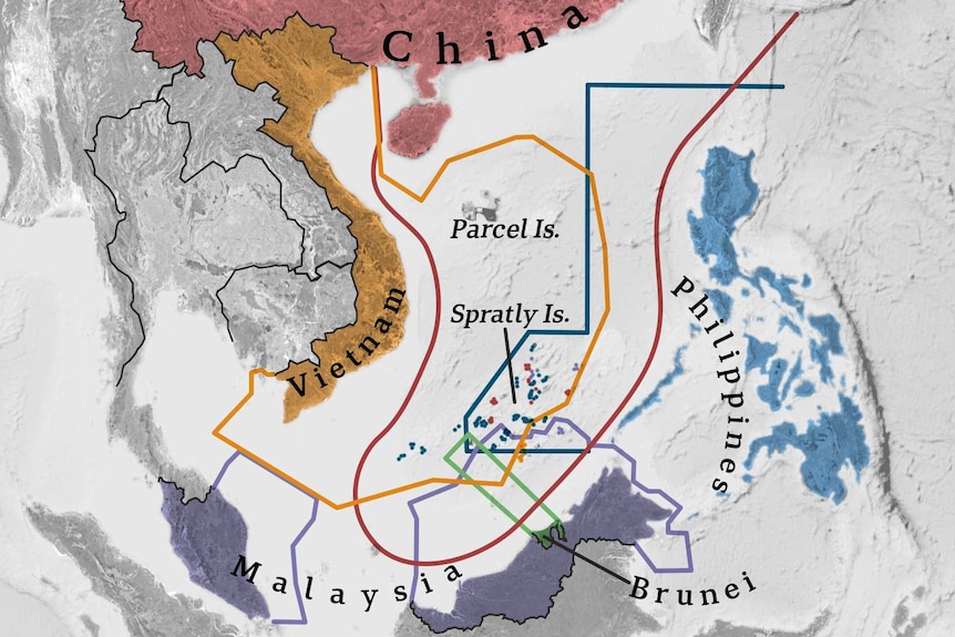 남중국해에서 경쟁하는 토지 소유권 주장을 보여주는지도.
