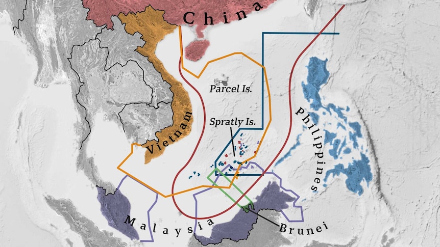 A map showing competing territory claims in the South China Sea.