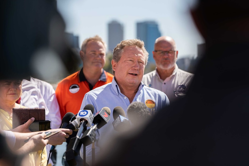 Andrew Forrest and his wife Nicola talk at a press conference.
