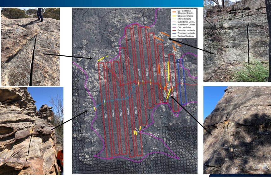 A montage of images detailing various surface cracks in rock formations 