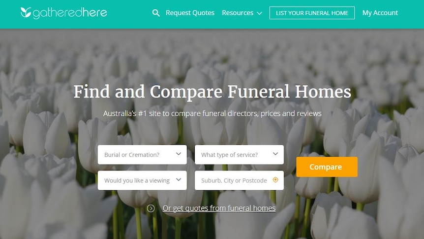 Funeral home comparing website, Gathered Here, homepage