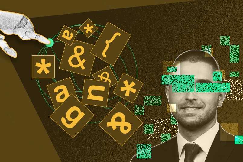 A stylised image of a partially obscured man's face with scrabble-style tiles flying towards him