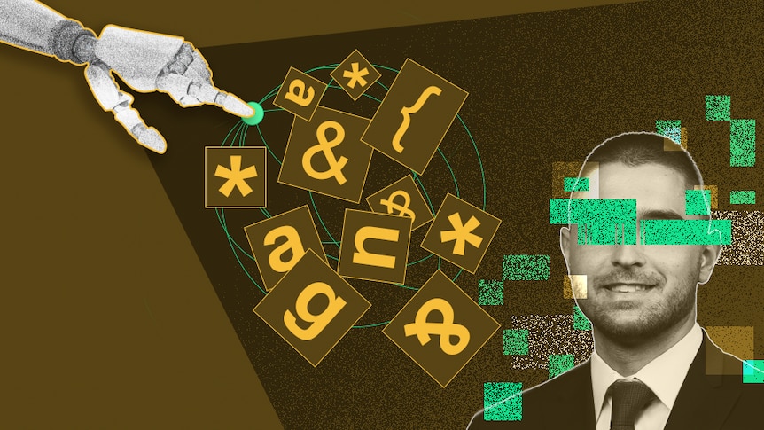A stylised image of a partially obscured man's face with scrabble-style tiles flying towards him