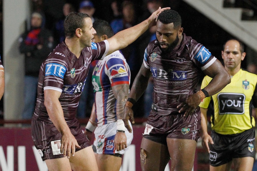 Manly's Akuila Uate celebrates try against Newcastle Knights