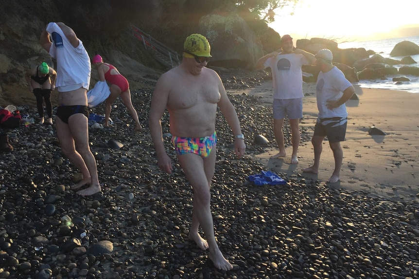 Cold water swimming regulars at a Hobart beach.