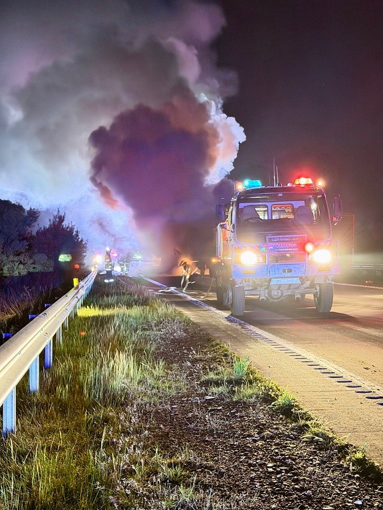 Hume Highway partially closed, driver missing after fiery truck crash