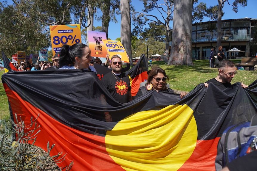 People carry a large Aboriginal flag and wave placards as they walk in a park