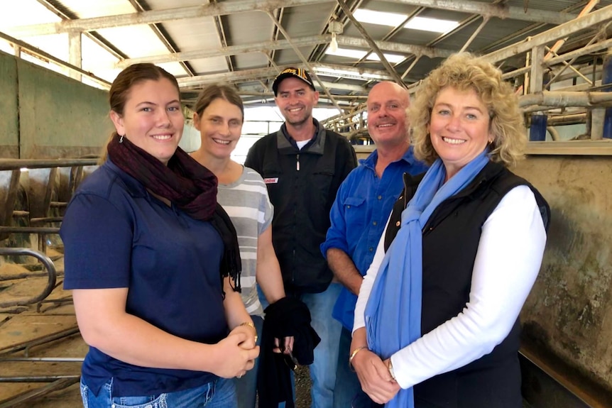 Left to right: Dairy farmers Torie Harrison, Kacey Walker, Tony Green, Lucas Kennedy and Kym Harrison.