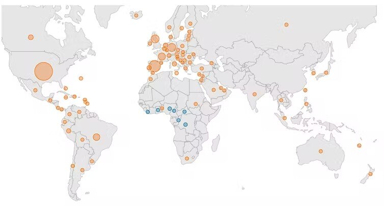 A global maps with roughly 80 orange spots and a 7 blue spots