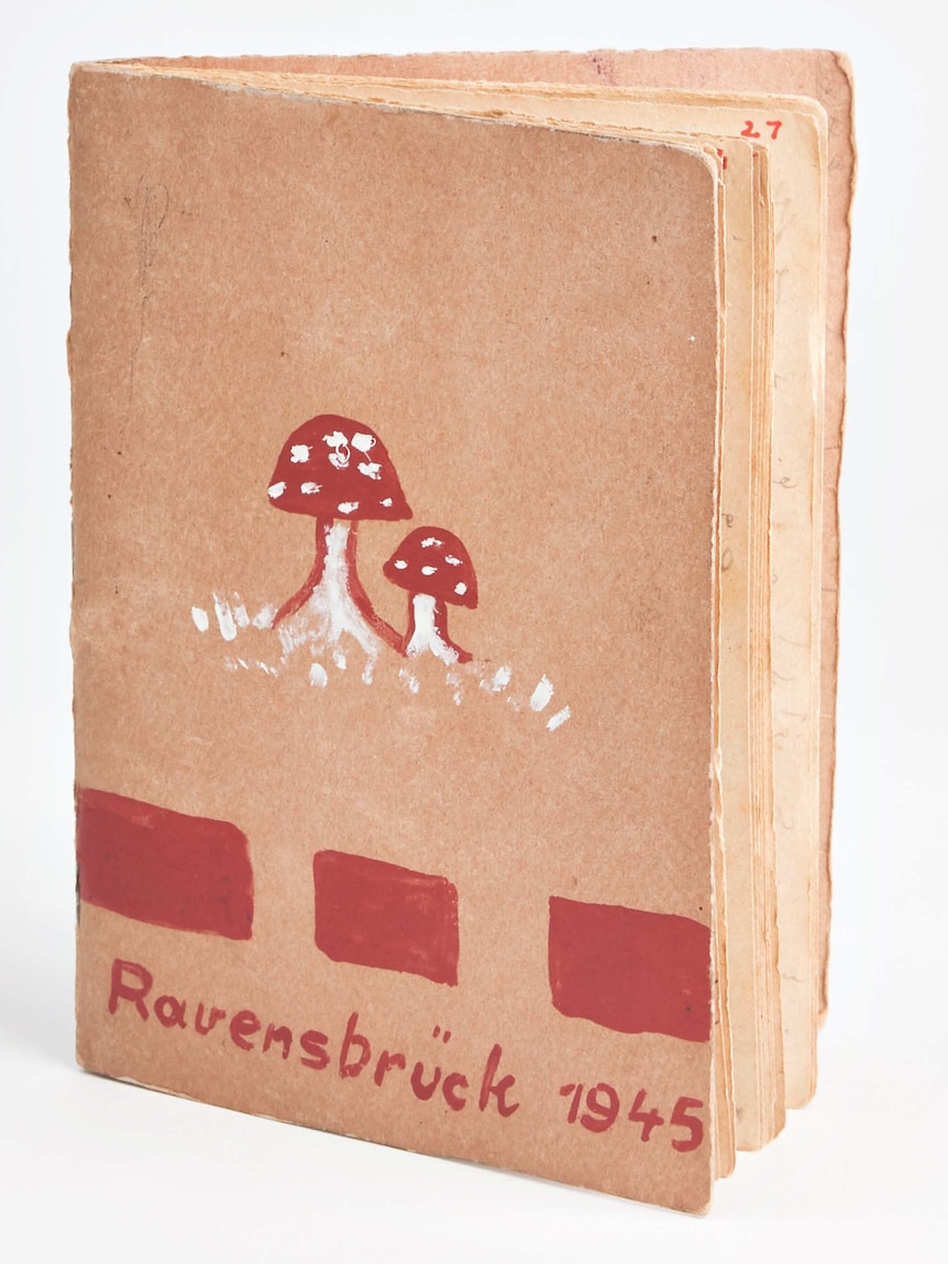The cover of a recipe book with drawings of two red mushrooms and 'Ravensbruck 1945'.
