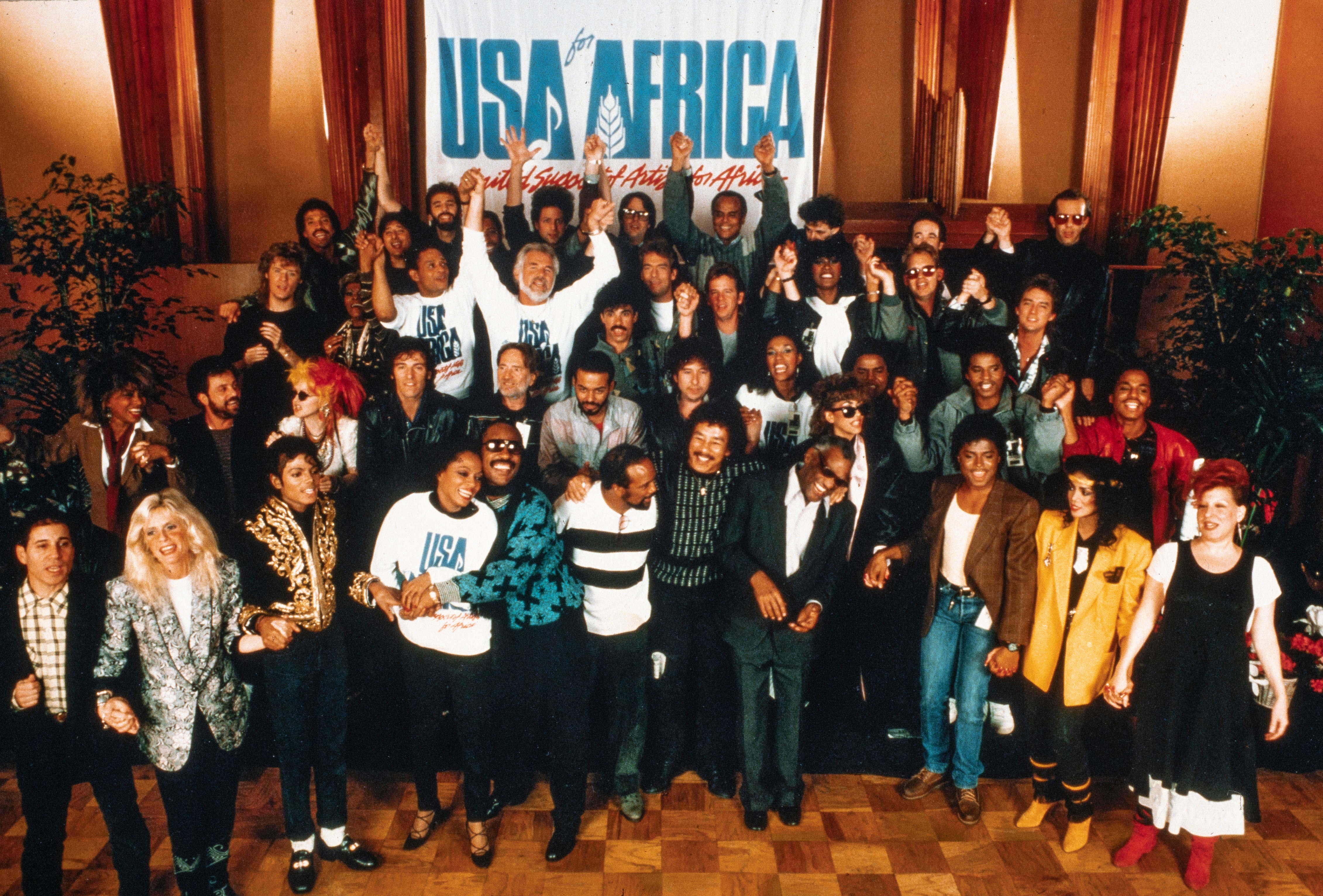The all-star USA For Africa supergroup assembled to record We Are The World, 28 January 1985