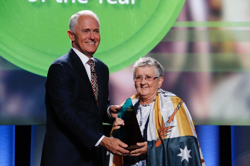 Prime Minister Malcolm Turnbull stands with Sister Anne Gardiner AM at the awards ceremony in January.