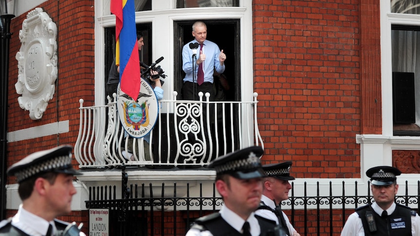 Julian Assange speaks from the balcony of the Ecuadorian Embassy in London.