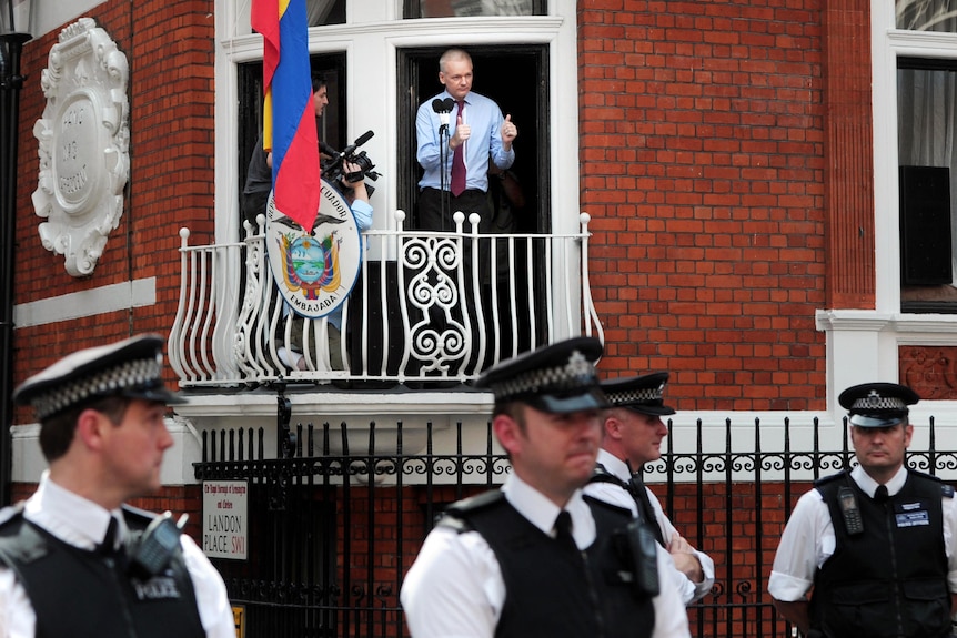 Julian Assange speaks from the balcony of the Ecuadorian Embassy in London.