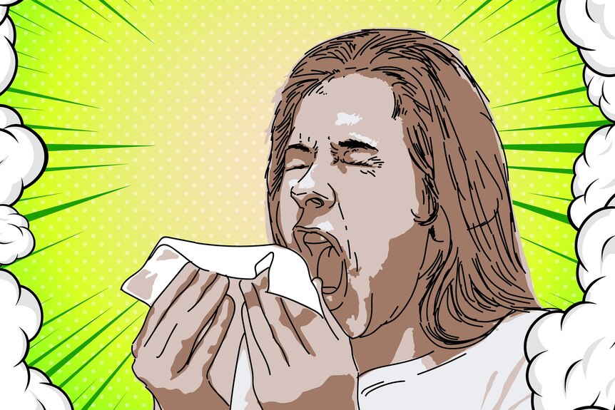 Illustration of a person sneezing into a handkerchief