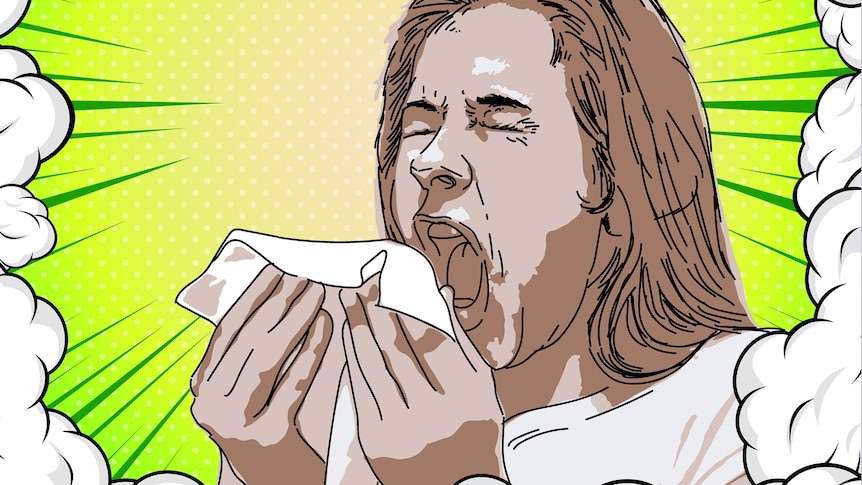 Illustration of a person sneezing into a handkerchief