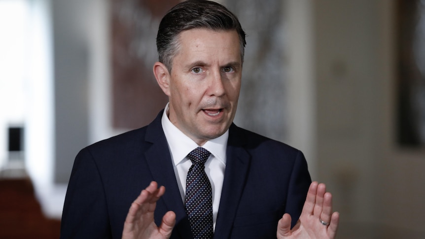 Mark Butler, Minister for Health and Aged Care wearing a suit and gesturing with his hands.