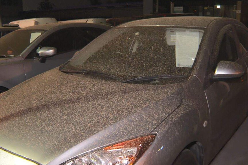 A car covered in brown dust.