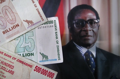 Poster of Robert Mugabe used in 2008 elections with new banknotes printed to keep up with inflation