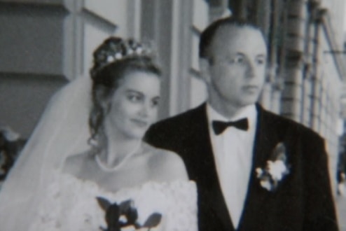 A black and white photograph of Caroline Boileau and her husband, who now has a rare form of dementia, on their wedding day.