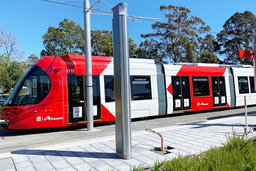a light rail vehicle standing on tram lines