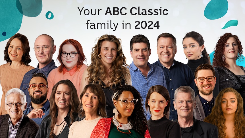 Thumbnail images of all of the 2024 ABC Classic presenters against a white and teal background.