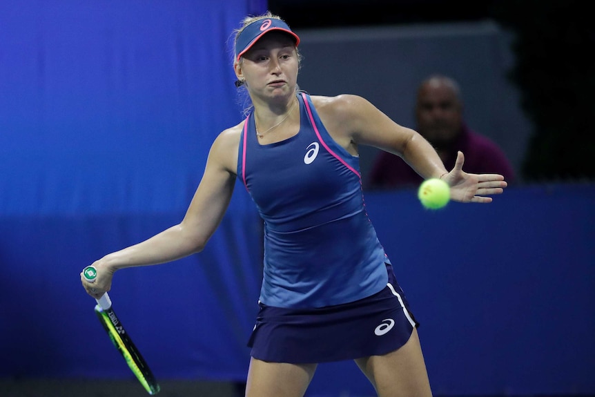 Daria Gavrilova plays a forehand against Sara Sorribes Tormo in their first-round match at the US Open.