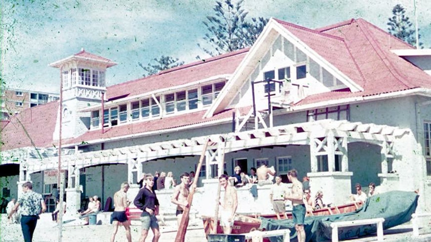 A crowd gathers at Kirra Surf Life Saving clubhouse in 1966