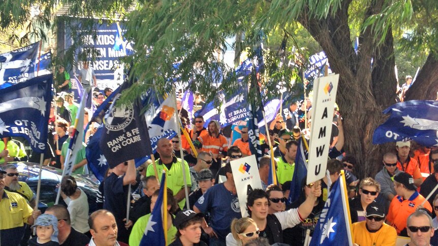 unionists converged outside Rinehart's West Perth office