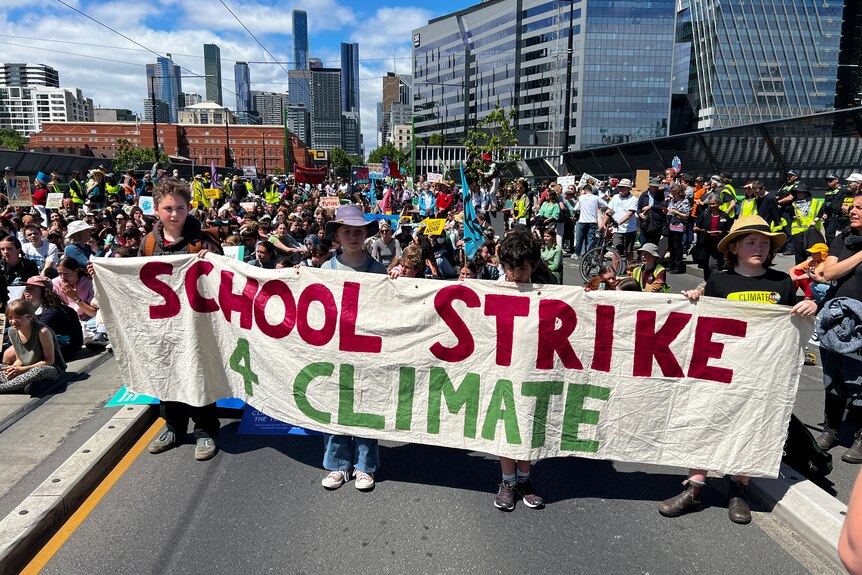 Niños en edad de escuela primaria sosteniendo un cartel que dice huelga escolar por el clima con una multitud de personas detrás de ellos.