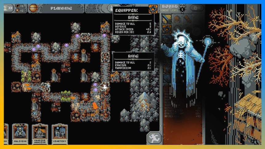 A screengrab of the game Loop Hero. A floating creature with a skull head is holding a glowing staff