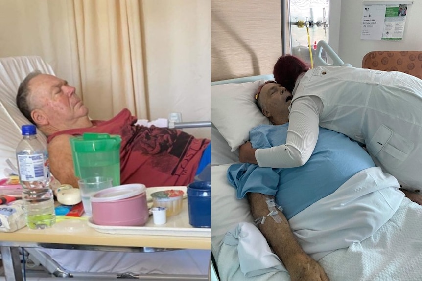Mr Gilby in Broken Hill Hospital, left, and in Adelaide, right. (1)