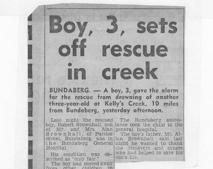 A newspaper clipping from 1971, of a story on the rescue of three-year-old Robert Brownhall.