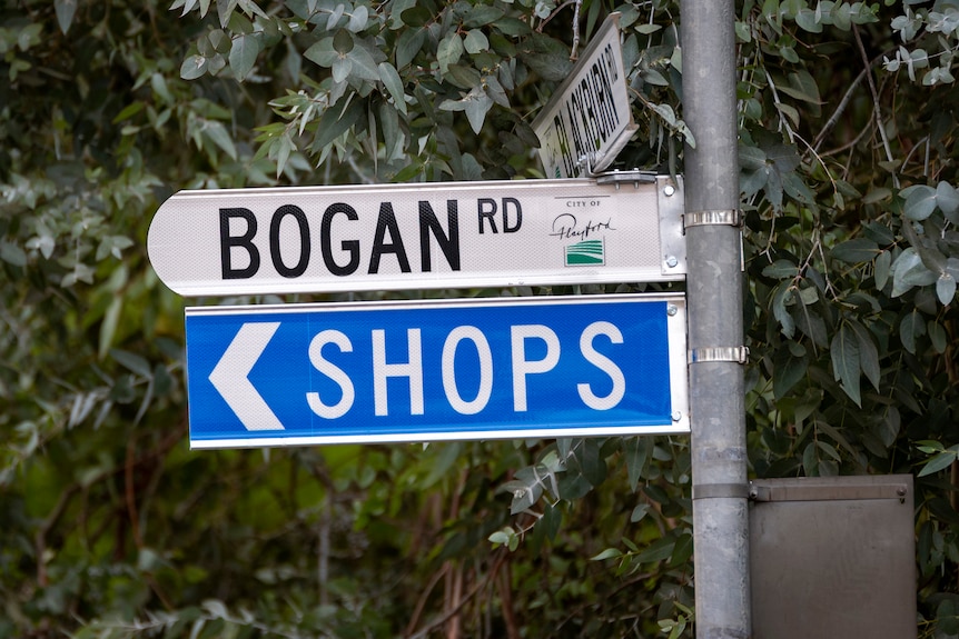 A street sign says 'Bogan Road' and under that is a sign saying 'Shops'.