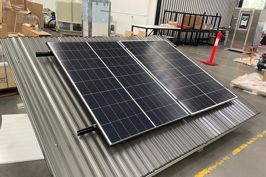 SunDrive solar panel sits on a corrugated metal panel at a factory in southern Sydney.