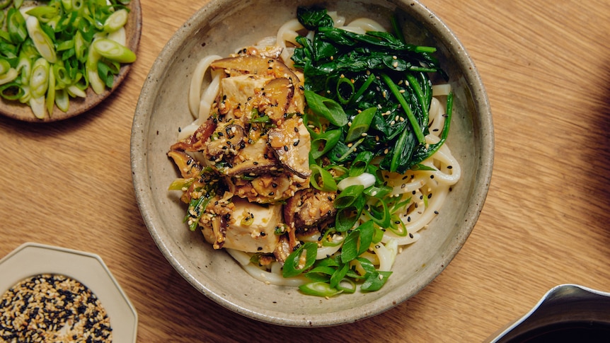 A bird's eye view of a bowl ofudon noodles with miso-marinated tofu and shiitake mushrooms.