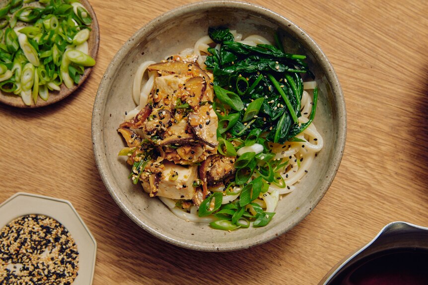 A bird's eye view of a bowl ofudon noodles with miso-marinated tofu and shiitake mushrooms.