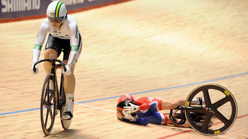 Victoria Pendleton picked herself up off the boards to prevail over Meares and then take the gold.