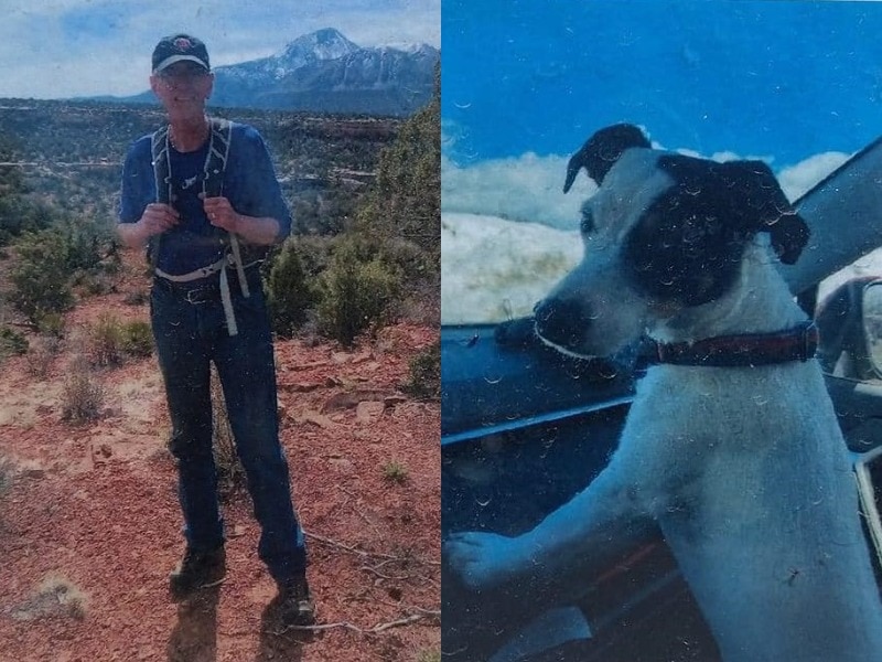 A composite photo showing a hiker in the wilderness and a small Jack Russell dog in a car.